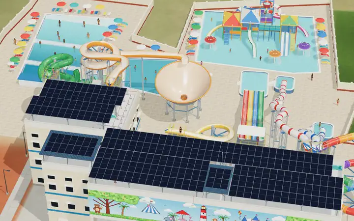 3D model of a water park with slides, pools and a raised rooftop solar canopy
