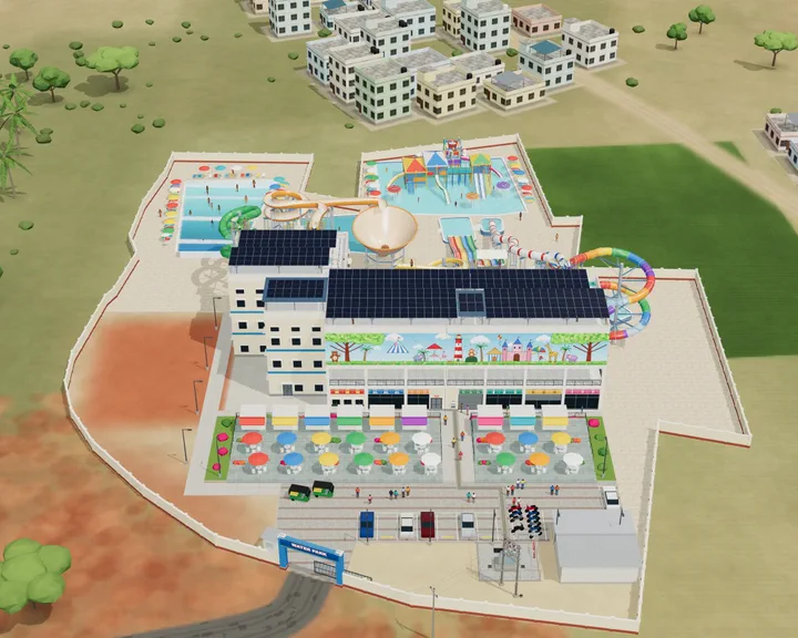 Footage from our live 3D viewers: a raised solar canopy on a water park roof in Visakhapatnam, then rooftop solar on three poultry-farm sheds in Kadapa